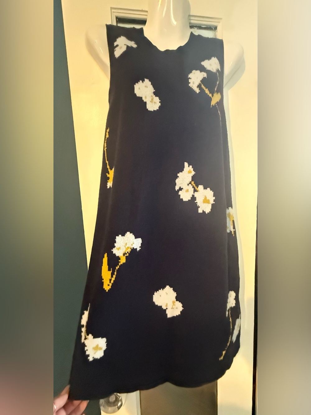 Free Assembly Blue Intarsia Knit Daisy Flower Sleeveless Sweater Dress XS 0-2